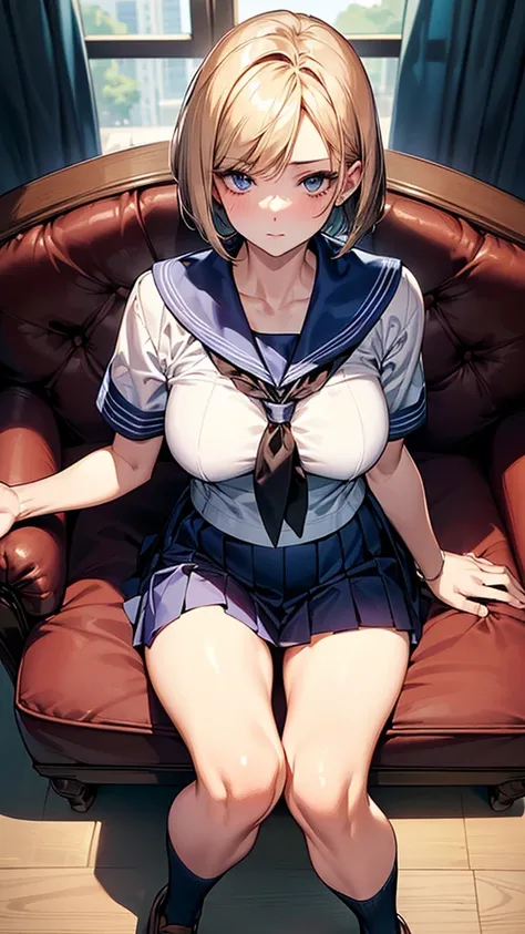 (((perfect anatomy, anatomically correct, super detailed skin))), 1 girl, japanese, high school girl, shiny skin, watching the viewer, 
beautiful hair, beautiful face, beautiful detailed eyes, (short hair:1.1, bob cut:1.2), dark blonde hair:1, blue eyes, b...