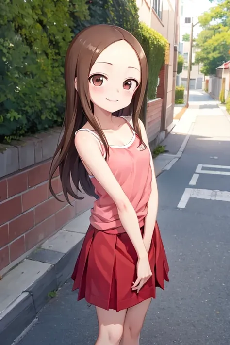 (takagi-san )
 upper body：camisole
lower body：ruffle skirt
Subject size：Girl
background ：Sidewalk 
Time ： twilight sky
Expression ： evil smile
posture ：