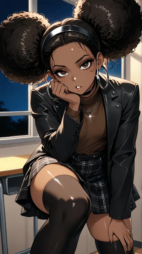 1Girl, Mature, Ebony, African American, Dark Skin, Jet Black Hair, Afro, Double Bun, Shiny Hair, Bright Brown Eyes, Black Nails, Dark Brown Eye Shadow, Medium Chest, Brown Turtleneck Shirt, Black Demin Jacket, Black Plaid Skirt, Black High-Thigh Socks, Bla...