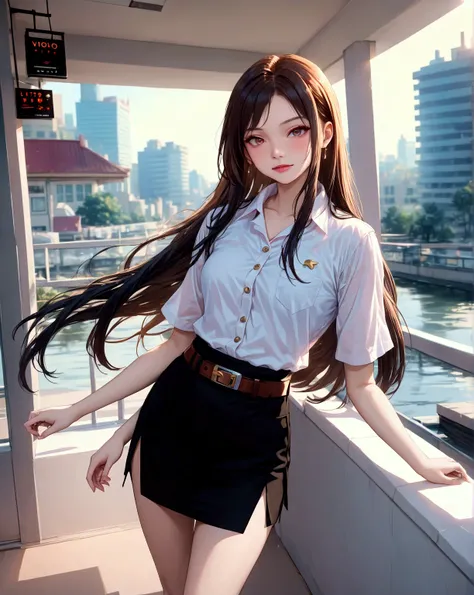 beauty teenage woman ,standing posed, indoor building,  skyscraptor and river on background, BREAK, (forehead, dark-brown long hair, single long hairlock), BREAK, ( white short sleeves collared shirt, black pencil skirt with brown belt), BREAK, (1girl, sol...