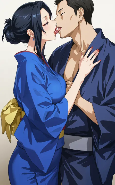 a mature woman  French kissing a mature man, standing in  ((( blue kimono))  ,((folded hair bun)) in black color, ((red lips)), standing straight , ((side view))  