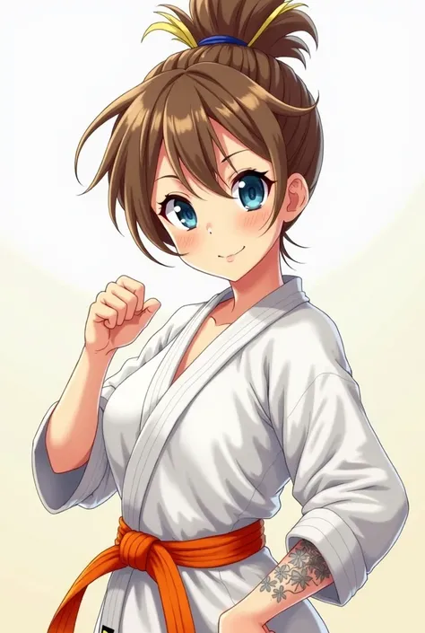 sexy anime-style woman with brown hair and blonde streaks at the front styled in a messy bun on top of her head, with a few loose strands framing her face. She has large, bright blue eyes full of determination and a small, cheerful smile. She is wearing a ...