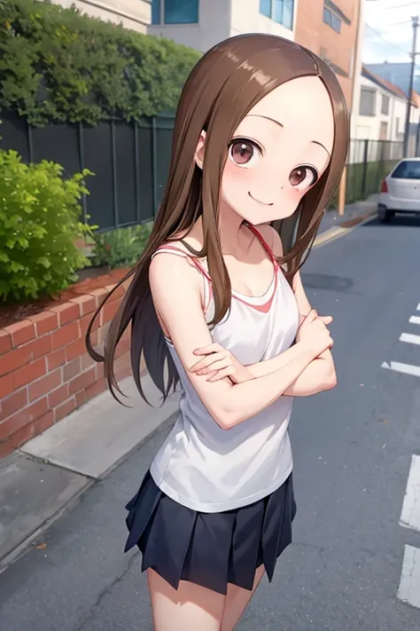 (takagi-san )
 upper body：camisole
lower body：miniskirt
Subject size：Girl
background ：Sidewalk 
Time ： twilight sky
Expression ： evil smile
posture ：