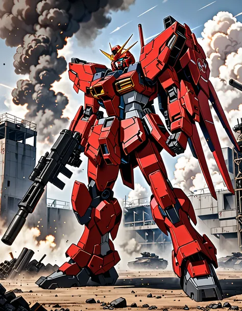 a full body shot of a robot with a gun in front of a bunch of smoke, mecha anime, an anime large mecha robot, modern mecha anime, anime robots, red mech, mobile suit, tremendous mecha robot, mecha art, cool mecha style, giant anime mecha, (full body red me...