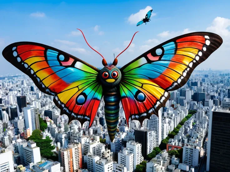 Mothra the beautiful benevolent giant moth Kaiju with blue eyes and colourful wings and feathery antenna flying over Tokyo 