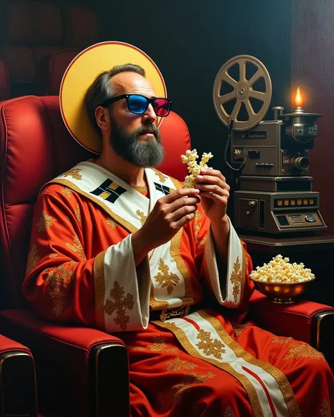 A byzantin painting, A saint eating popcorn and wearing 3d glasses in a cinema seat we can see a 35mm projector in the background 