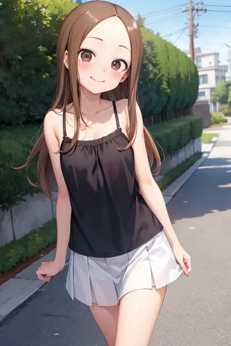 (takagi-san )
 upper body：camisole
lower body：miniskirt
Subject size：Girl
background ：Sidewalk 
Time ： twilight sky
Expression ： evil smile
posture ：