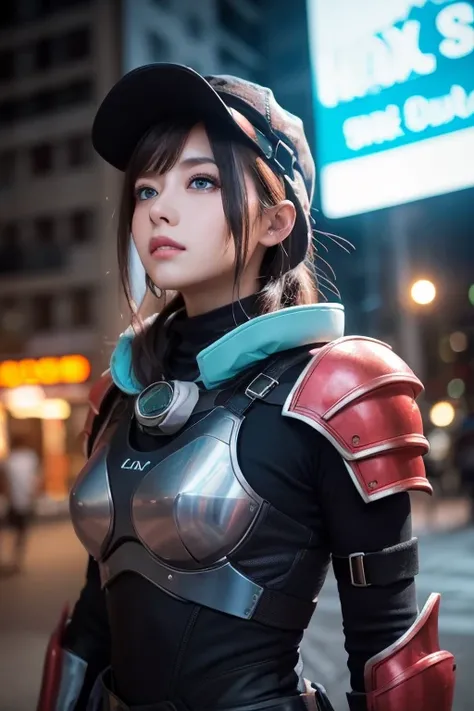 Masterpiece,   best quality , , (Alone),  1 girl,  looks up at the ,  sex, ,  horizon _( Apex Legends),   goggles, blue eyes,  tea hair, gauntlets, shoulder armor,  hat, (Freckles:0.5), , (science_ best quality ),  outdoor, street,  neon light,  cyberpunk,