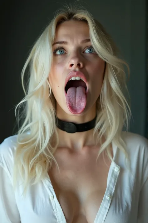  White women  of  blonde hair is 15 yeras old, without makeup and blue eyes with her mouth wide open in of the camera with her thick and large tongue out (tongue: 0,5),  she has a white low cut blouse and she has a thick black choker, her open eyes look at...