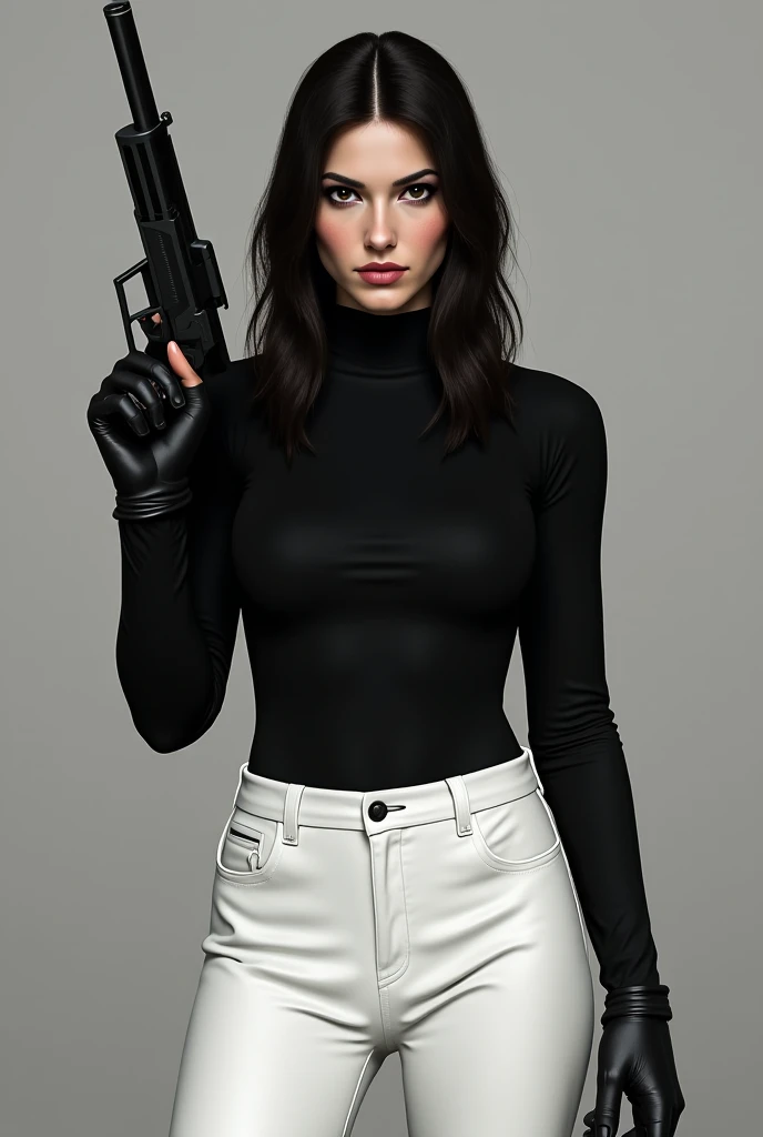 Aravid wears white pants and a black shirt with a gun in her hand