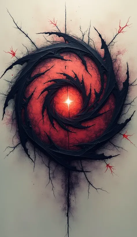 The symbol features a fragmented, swirling core, formed by jagged, intertwining lines in dark red and black, representing inner chaos and the struggle for control. These lines spiral inwards, converging at the center but breaking off as they move outward, ...