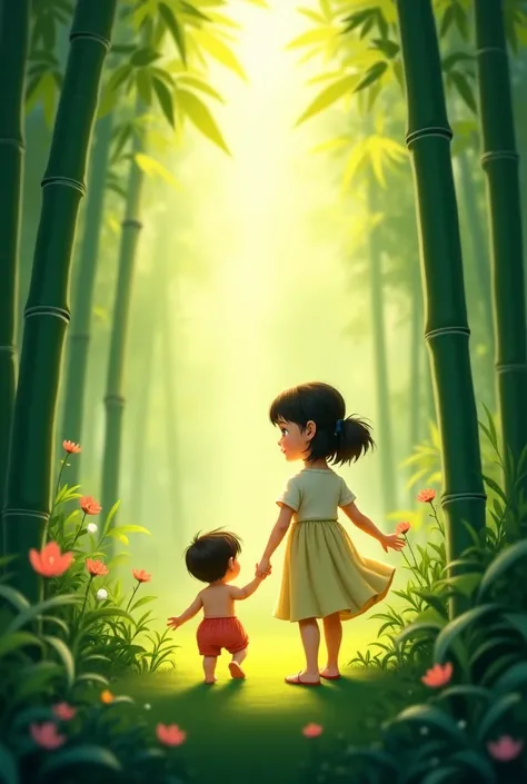 Ling and the baby walking hand-in-hand through the forest, surrounded by tall bamboo stalks and vibrant greenery.