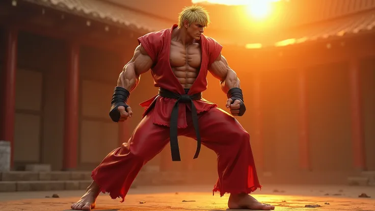 Create an ultra-realistic, full-body image of Ken from Street Fighter in an action-ready stance. He stands with his feet shoulder-width apart, slightly bent at the knees, and his body angled in a strong, confident pose. His right arm is extended forward, a...