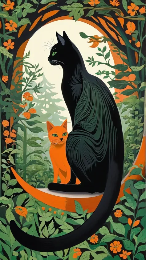 cat and bird, Black and white painting with tart orange and forest green touches, Escher style,  