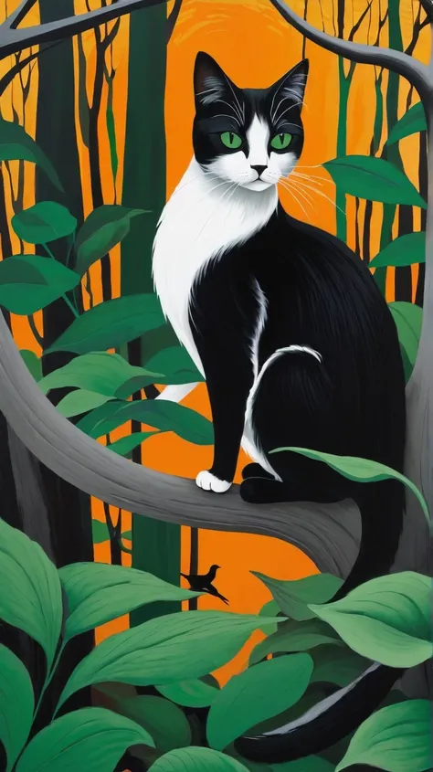 cat and bird, Black and white painting with tart orange and forest green touches, Escher style,  