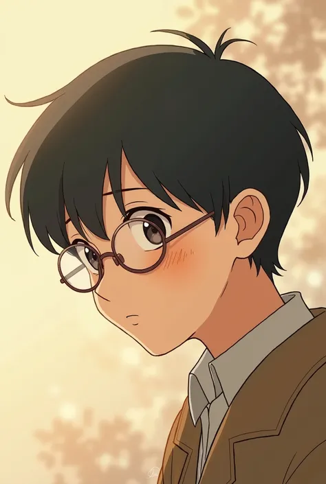 man with glasses and a bowl cut, in love stare with a faint blush on his cheek. make it with ghibli art style and coloring