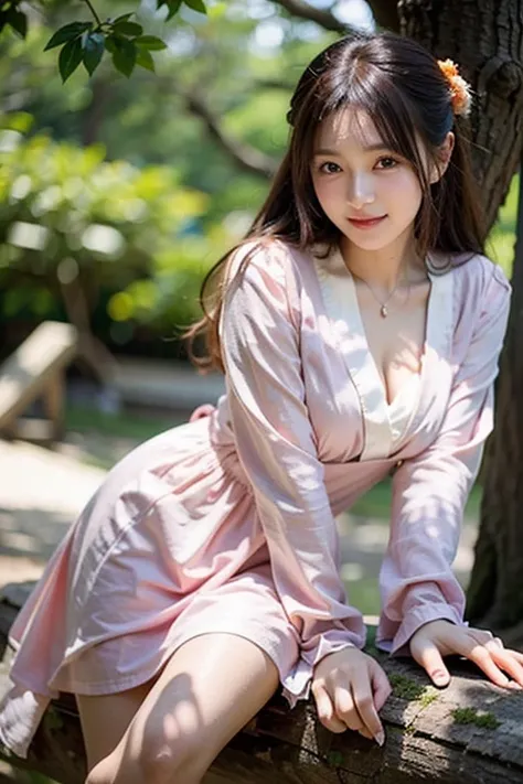  Realistic Photo Quality 、A 20 year old Japanese model、Japanese model sitting in a tree wearing a pastel orange dress, mini dress 、Cute Japanese Idol、 Professional Writing 、!! beautiful!,  looking at the camera、Detailed and beautiful eyes、 cute smile、 soft...