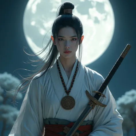 Ancient Japanese warrior 。 tied at both sides of his face。 pretty face。 has a bronze sword 、White clothing。 Magatama Necklace。 standing under the moonlight 。