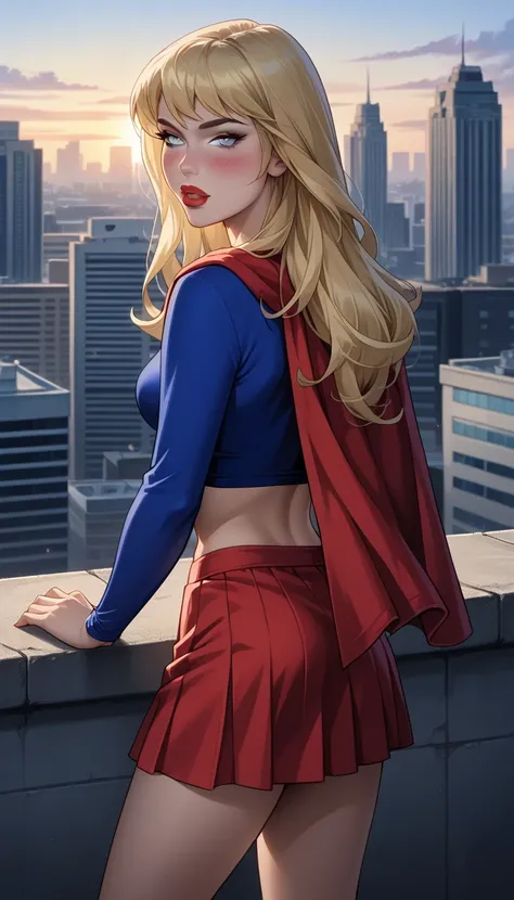 score_9, score_8_up, score_7_up, source_cartoon, (midnight, evening, dark:1.3), 1girl, solo, beautiful waifu, sexy (Supergirl, DC Comics, blonde hair, light blue eyes, long hair:1.3), wearing (blue shirt, crop top, long sleeves, red skirt, cape:1.2), midri...