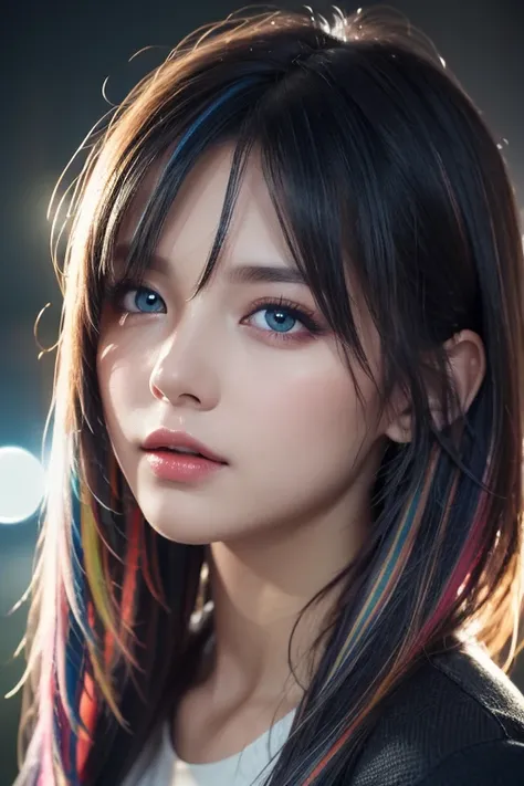 {{Masterpiece}},  best quality ,  Highly Detailed CG Unity 8K Wallpaper,  Cinematic Lights,  lens flare ,  beautiful detail eyes , black,  Sideways glance,   multi colored hair,  colorful  light, particle, Heterochromia, ( colorful :1.5), ( colorful  hair:...