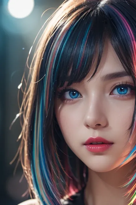 {{Masterpiece}},  best quality ,  Highly Detailed CG Unity 8K Wallpaper,  Cinematic Lights,  lens flare ,  beautiful detail eyes , black,  Sideways glance,   multi colored hair,  colorful  light, particle, Heterochromia, ( colorful :1.5), ( colorful  hair:...