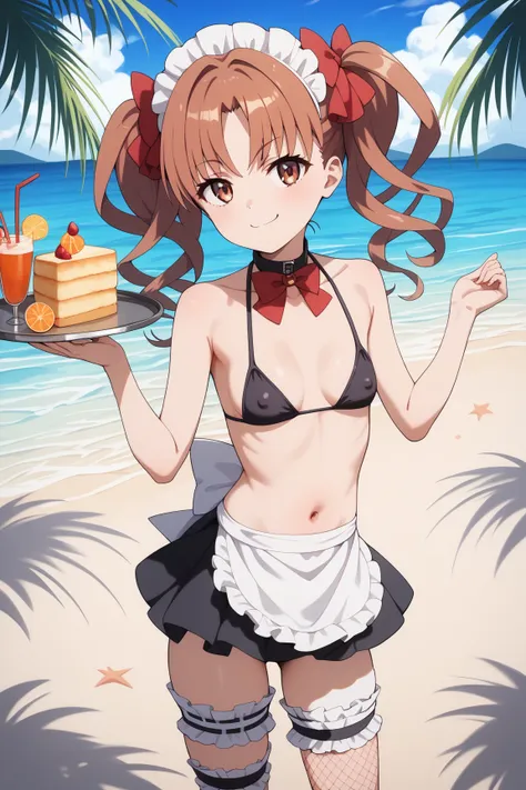 masterpiece,best quality,{{detailed beautiful face and eyes}}, very detailed background,
Kuroko Shirai,{{{megami magazine}}},long hair,brown hair,twintails,ringlets,hair bow,red bow,parted bangs,brown eyes,small breasts,
(black maid bikini:1.4),(white long...