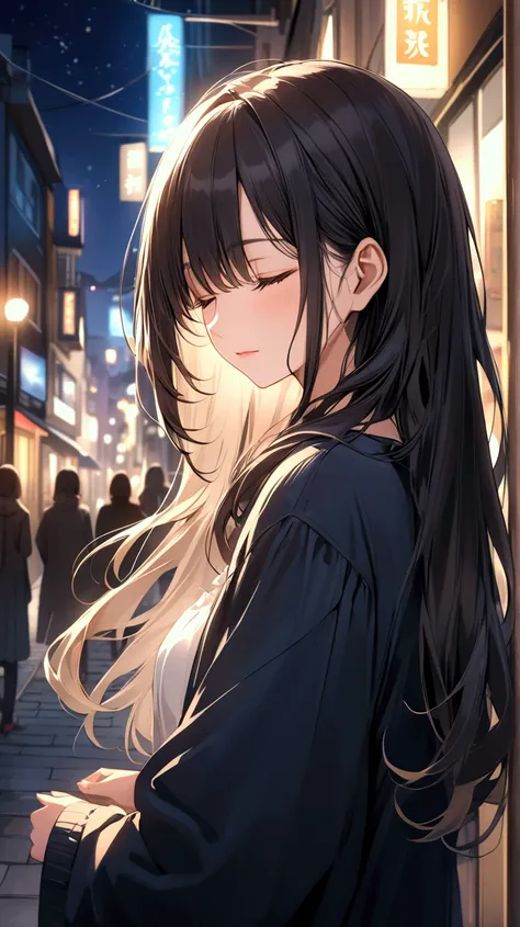 「Under a clear sky 、Stunning young woman with black flowing hair。Close your eyes、As the breeze moves her hair lightly 、 has a gentle expression 。 in the background 、 sidewalks in urban cityscapes、Night view at night、 The scene is peaceful and artistic 、 bl...