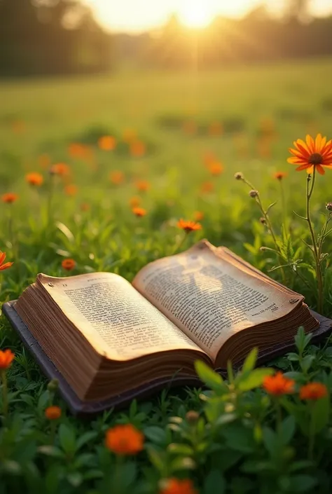 Open Greek Bible in a green field 