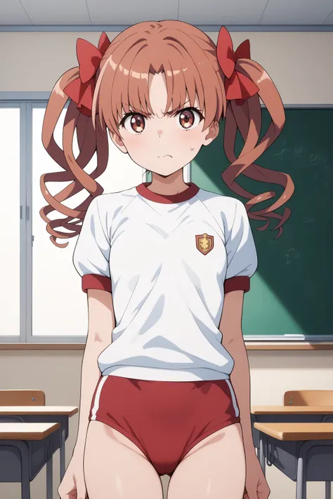 masterpiece,best quality,{{detailed beautiful face and eyes}}, very detailed background,
Kuroko Shirai,{{{megami magazine}}},long hair,brown hair,twintails,ringlets,hair bow,red bow,parted bangs,brown eyes,small breasts,
gym uniform,red buruma, white shirt...