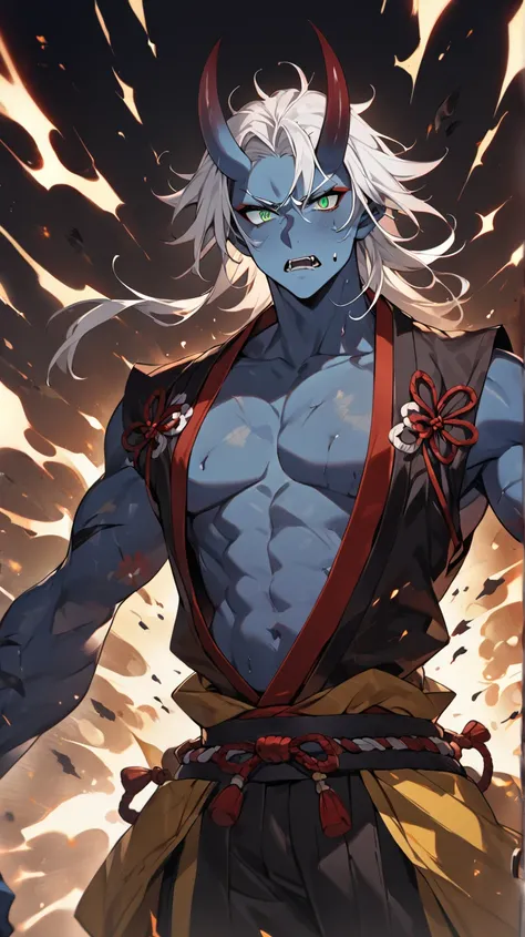 a demon oni from Japanese culture, long white hair, strong body, blue skin, green eyes with black pupils, a look of hate, several sparks around his body, his clothing is traditional Japanese pants in dark blue and yellow, high definition 8k