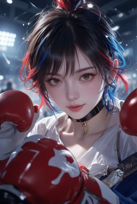  top quality、 masterpiece、8k、Pretty boxer、 clear detailed face、 golden eyes from below n、ring、 bursting with a smile、A powerful punch、 dynamic composition、 Trained Abs、Big Breasts、A sexy collarbone line、Red and blue hair color、 cinematic lighting