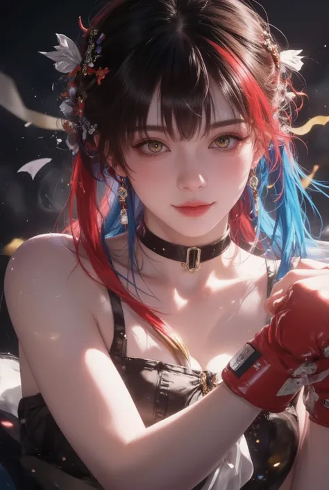  top quality、 masterpiece、8k、Pretty boxer、 clear detailed face、 golden eyes from below n、ring、 bursting with a smile、A powerful punch、 dynamic composition、 Trained Abs、Big Breasts、A sexy collarbone line、Red and blue hair color、 cinematic lighting