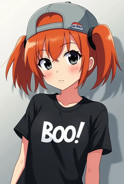 short double pigtails , dark orange color hair  , topi baseball abu abu , hat backwards ,  black t-shirt with Boo! ,  black eye color ,  Stylish  , cool girl  , anime , Sachiko logo 