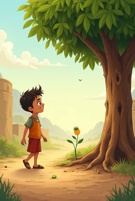 Title: The Kind Little Seed

[Scene 1: A Village Path]
(Ayaan, a young boy, walks along a dusty path. He notices a tiny seed on the ground and picks it up.)

Ayaan: (curious) Hmm… I wonder what kind of seed this is?

(He looks around and then smiles as an ...