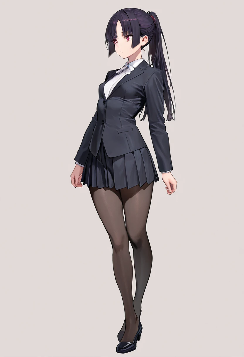 best quality, 8k, masterpiece, simple background, small breasts, pantyhose, standing, thighs, pointy breasts, suit, pleated skirt, parted bangs, straight bangs, front view, ponytail, solo, reference pose, perfectly symmetrical, facing forward, looking stra...