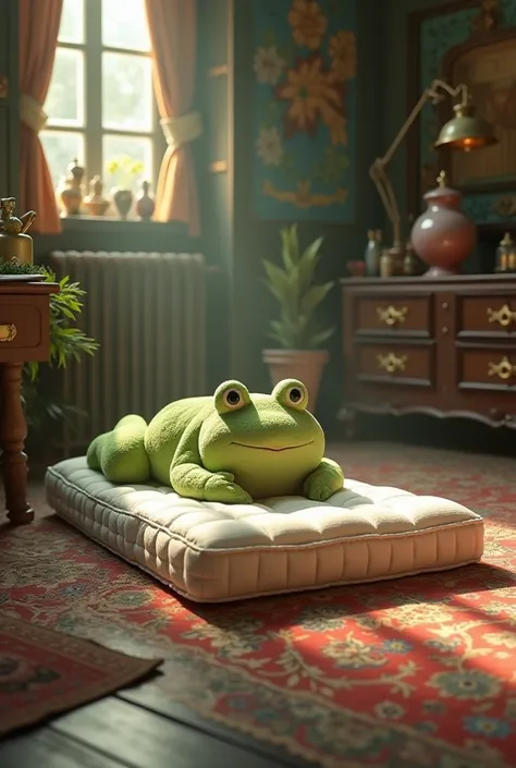 Un matelas allongé sur terre avec une tête de grenouille en peluche dans une chambre spacieuse plein d'objets de décoration 