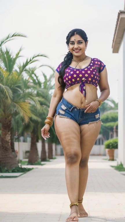 HD wallpaper 32k cinematic shoot of a indian woman, with  thighs and a fat waist, twin braids,  wearing an Indian blouse top, extreme micro denim shorts, horny, seductively, in a school corridor, dotted blouse top, smiling, ((long fat thick waist)), ((fat ...