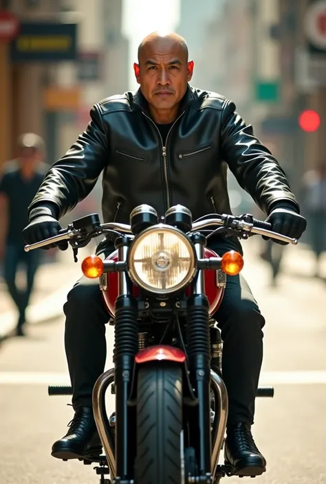 a bald asian man riding Triumph T120