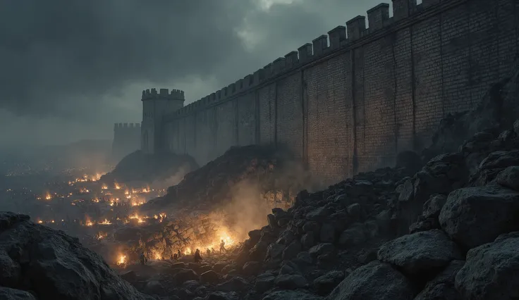 A wide, low-angle shot of a massive city wall at night, illuminated by the fires of the besieging army below. The wall should appear imposing and impenetrable, stretching into the darkness