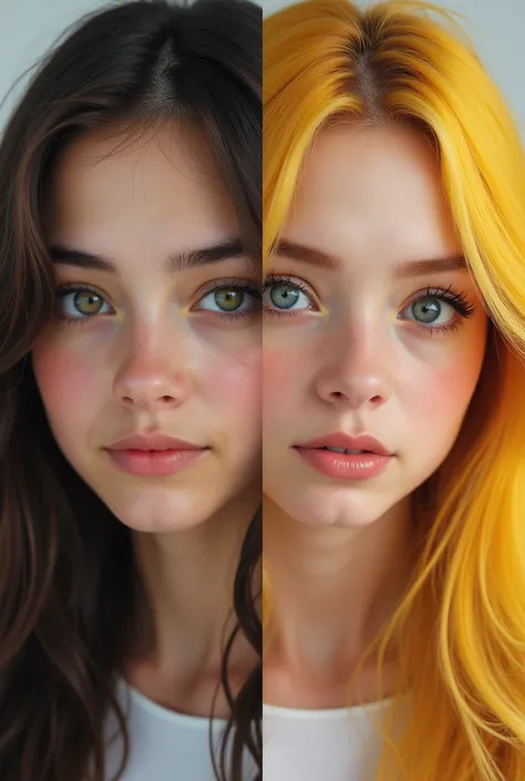 On the left, draw a 17-year-old Ode Eye American girl with green eyes , The one on the right is a yellow-haired 17-year-old Odeye American girl with blue eyes.