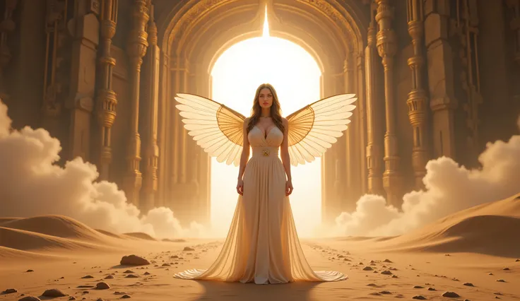 A lone figure stands before a radiant doorway in the middle of an endless desert of time. The sand beneath her feet shimmers with golden reflections, swirling as if moved by unseen currents of time itself. She wears a simple, flowing white gown, untouched ...