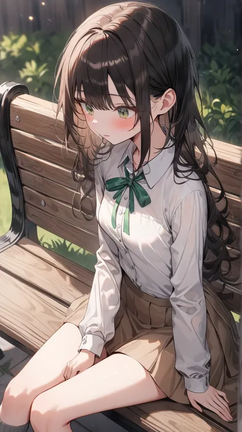 ((True best masterpiece, Ultimately perfect quality, Extremely delicate details)), A skinny girl with small breasts, With dark brown hair, Green eyes, Wearing a dress shirt with a green ribbon, Wearing a gathered brown skirt, Gray boots, Sitting down on a ...