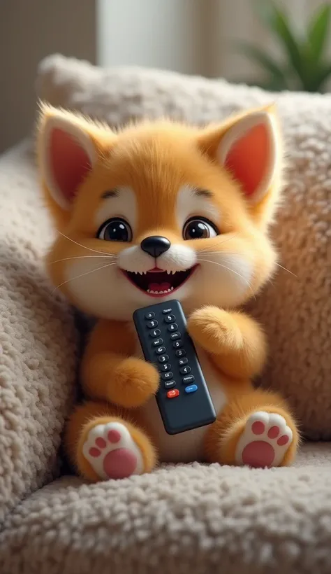 A puppy kitten wearing a , He is sitting on a couch holding a television control in his hand. The kitten is laughing 