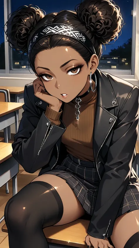 1Girl, Mature, Ebony, African American, Dark Skin, Jet Black Hair, Afro, Double Bun, Shiny Hair, Bright Brown Eyes, Black Nails, Dark Brown Eye Shadow, Medium Chest, Brown Turtleneck Shirt, Black Demin Jacket, Black Plaid Skirt, Black High-Thigh Socks, Bla...