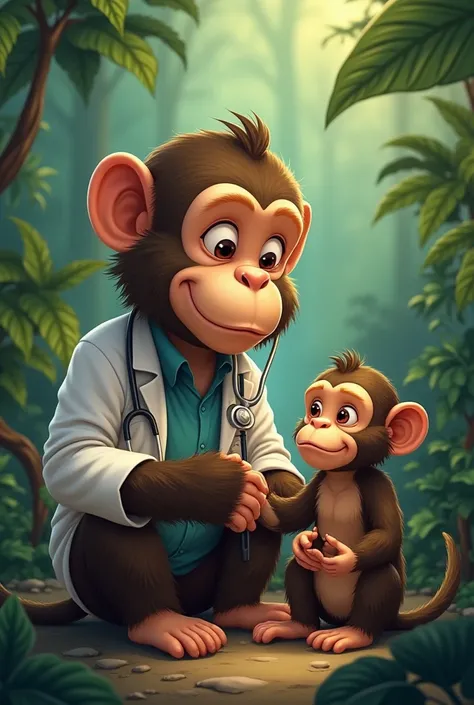 "A wise jungle doctor monkey examining the little sick monkey carefully, holding a tiny stethoscope. The baby monkey looks weak but hopeful, while the mother watches with concern."
