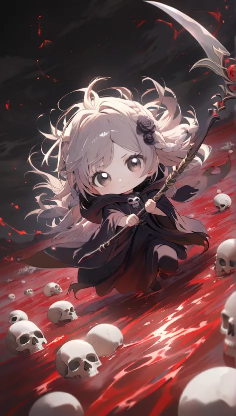 solo,1girl\(grim reaper,cute,kawaii,(chibi),hair color white,braid hair,messy hair,eye color dark,big eyes,white skin,pale skin,big soft kind smile,enjoy,full body,wearing Grim Reaper's black Robe,(black hood),holding scythe,flower hair ornament,(body tran...