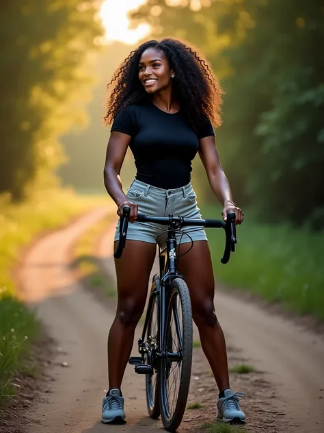 **"Masterpiece, high quality, high resolution, hyper-realistic, cinematic photography. A stunning and highly detailed image of a strong, athletic Black woman with long, curly hair standing outdoors in a serene natural environment, holding a bicycle. She is...