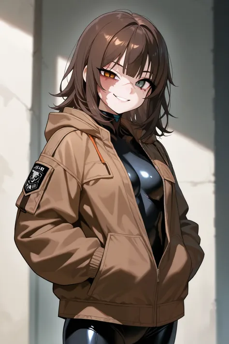 1 girl, brown medium hair, small eyes, tall, jacket, hands in jacket's pocket, looking at viewer, smile, scar on right face, burn scar on right face, black body suit, odd eye, brown  left eye, grey right eye, mesugaki, tactical clothes