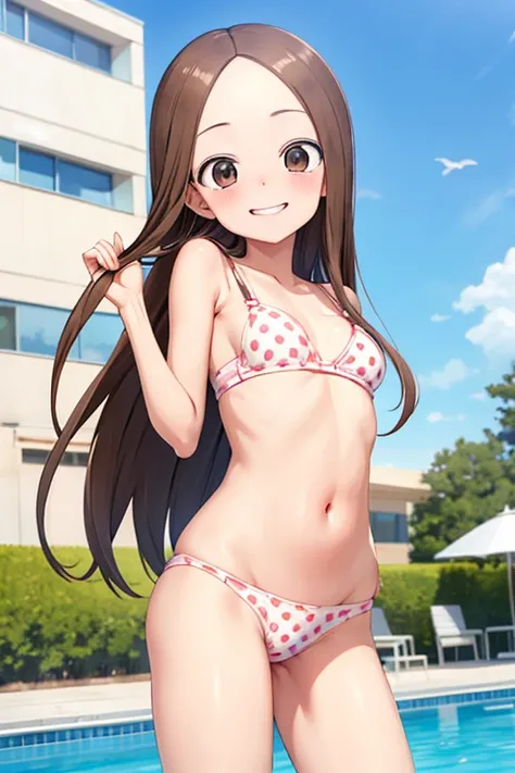 (takagi-san )
 upper body： polka dot bra
Lower body ： polka dot panties
Subject size：Girl
background ：pools
Time ： twilight sky
Expression ： evil smile
posture ：