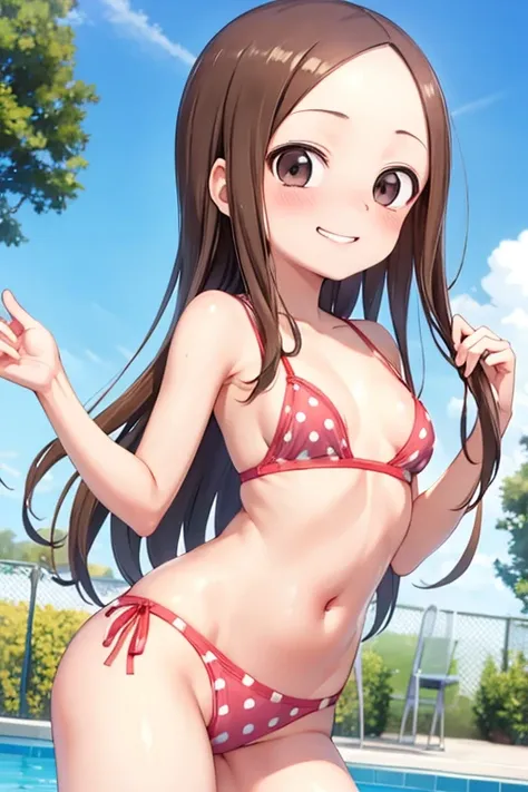 (takagi-san )
 upper body： polka dot bra
Lower body ： polka dot panties
Subject size：Girl
background ：pools
Time ： twilight sky
Expression ： evil smile
posture ：